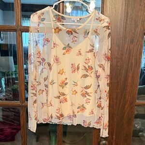 Love Fire Womens Floral Mesh Long Sleeve‎ Top and Camisole Set Cream Size M